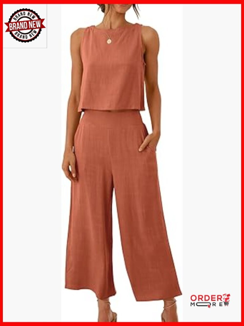 Women's 2 Piece Linen Lounge Set Sleeveless Crop Top Wide Leg Capri Pants